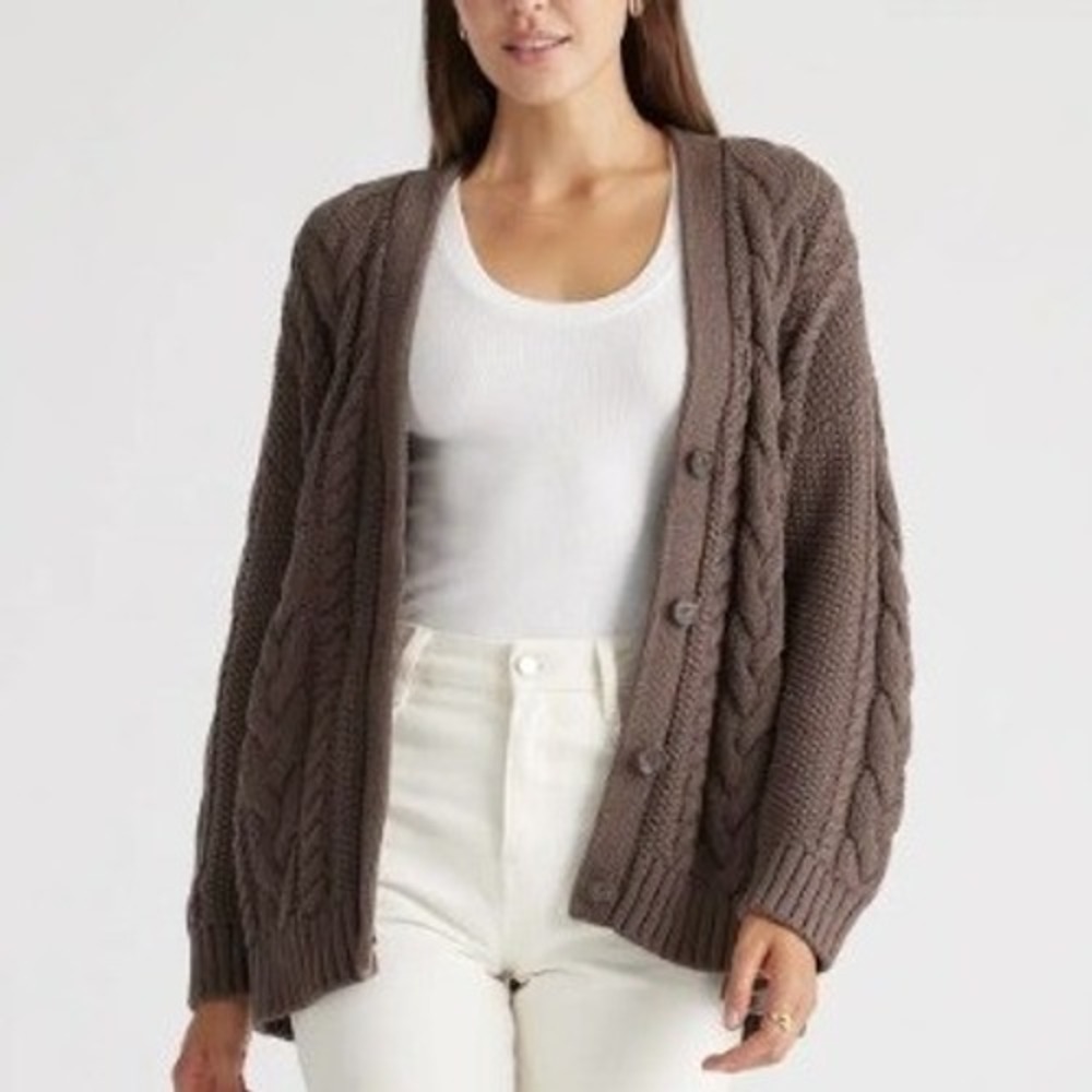 Quince Organic Cotton Oversized Cable Cardigan Women S Heather Brown Fisherman